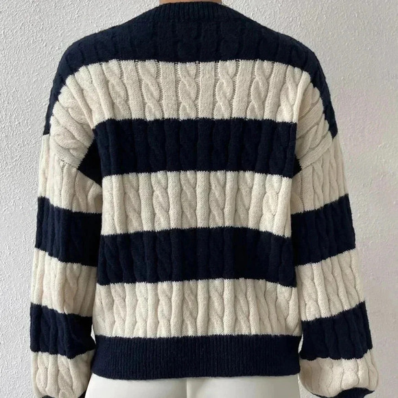 Multicolor Casual Women's Two Tone Cable Knit Drop Shoulder Sweater - Picture 3 of 6